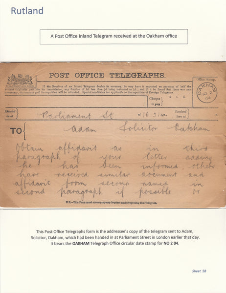 124065 1904 POST OFFICE TELEGRAM WITH 'OAKHAM' DATE STAMP.