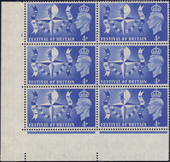 124188 1951 4D FESTIVAL OF BRITAIN (SG514) CYLINDER 1 NO DOT BLOCK OF SIX.