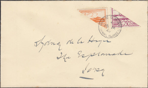 124205 1945 MAIL USED IN JERSEY WITH BISECTS OF 2D AND 3D 'VIEWS' ISSUES (SG6/8).
