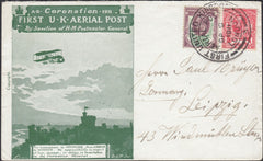 124234 1911 FIRST OFFICIAL U.K. AERIAL POST/LONDON ENVELOPE IN BRIGHT GREEN WITH KING EDWARD VII AND KING GEORGE V USAGE TO LEIPZIG.