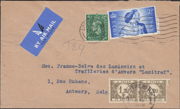 124312 1948 UNDERPAID MAIL LONDON TO ANTWERP WITH 2½D ROYAL SILVER WEDDDING (SG493).