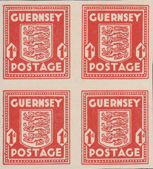 124366 1941 1D GUERNSEY ARMS IMPERFORATE BLOCK OF FOUR (SG2c).