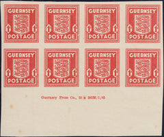 124367 1941 1D GUERNSEY ARMS IMPERFORATE IMPRINT BLOCK OF EIGHT (SG2c).