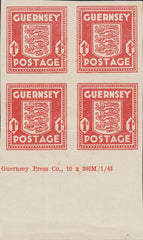124368 1941 1D GUERNSEY ARMS IMPERFORATE IMPRINT BLOCK OF FOUR (SG2c).