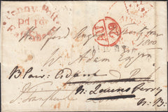 124418 1800 MAIL LONDON TO SCOTLAND WITH 'PENNY POFT/PD 1D/EAFT SHEEN' OVAL HAND STAMP IN RED (L449a).