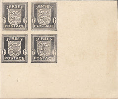 124446 1941 1D JERSEY ARMS IMPERFORATE PLATE PROOF IN BLACK LOWER RIGHT CORNER MARGINAL BLOCK OF FOUR.