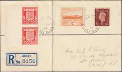 124447 1944 GUERNSEY 1D ARMS IMPERF PAIR (SG2c) USED ON REGISTERED MAIL TO JERSEY.