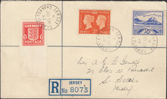 124448 1944 1D GUERNSEY ARMS ERROR IMPERFORATE SINGLE (SG2c) ON REGISTERED MAIL USED IN JERSEY.