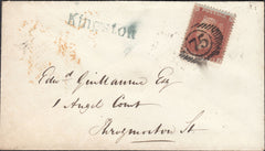 124474 1856 ENVELOPE KINGSTON TO LONDON WITH 'KINGSTON' TYPE 3 STRAIGHT LINE HAND STAMP.
