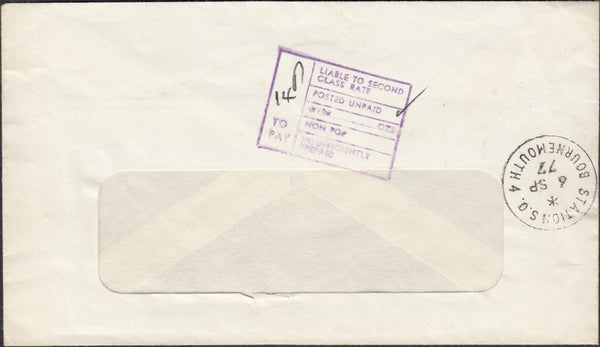 125517 1977 UNPAID MAIL WITH 'STATION S.O./BOURNEMOUTH 4' DATE STAMP.