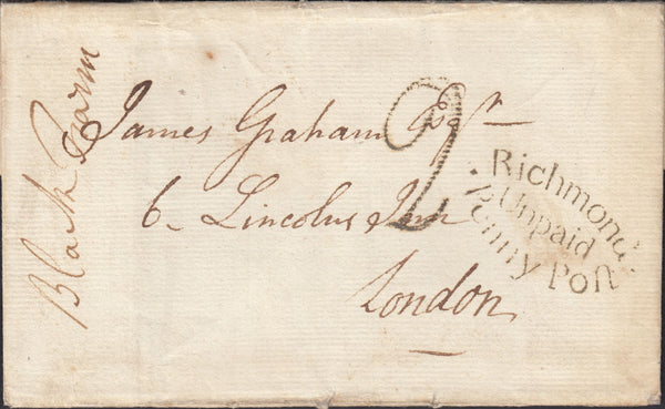 125633 1800 MAIL USED IN LONDON WITH 'RICHMOND/UNPAID/PENNY POFT' RECEIVER'S HAND STAMP IN BLACK (L447).