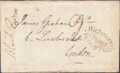 125633 1800 MAIL USED IN LONDON WITH 'RICHMOND/UNPAID/PENNY POFT' RECEIVER'S HAND STAMP IN BLACK (L447).
