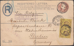 126225 1904 REGISTERED MAIL LONDON TO BERLIN WITH 'LATE FEE'.