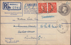 126470 1954 MIXED REIGNS REGISTERED MAIL MARNHULL DORSET TO ROBSON LOWE, LONDON WITH 'MARNHULL/STURMINSTER NEWTON DORSET' SINGLE RING DATE STAMPS.
