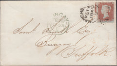 126687 1855 DIE 1 1D PL.198 S.C.14 (SG22) ON COVER MANCHESTER TO BUNGAY.
