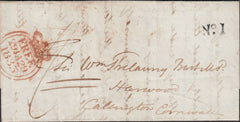 126906 1835 FREE MAIL LONDON TO CALLINGTON, CORNWALL WITH 'No.1' RECEIVING HOUSE HAND STAMP.