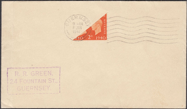 127092 1940 MAIL USED IN GUERNSEY WITH 2D CENTENARY VARIETY BISECT (SG482a).
