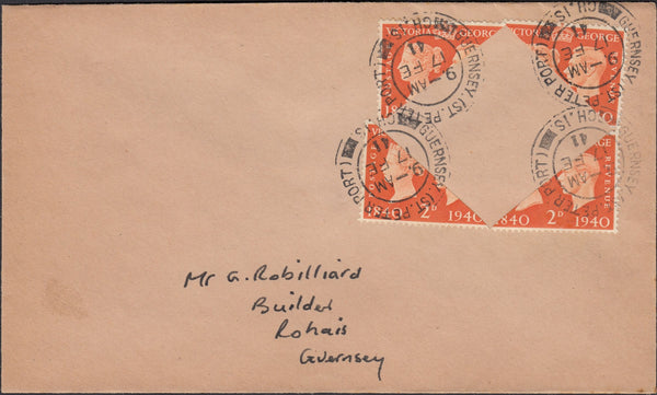 127111 1941 MAIL USED IN GUERNSEY WITH 2D ORANGE BISECT X FOUR ON COVER.