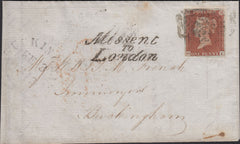 128065 1843 MAIL DERBY TO BUCKINGHAM MISSENT TO LONDON WITH 'MISSENT/TO/LONDON' ITALIC STYLE HAND STAMP (L235a).