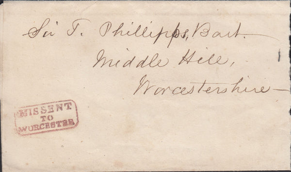 128299 1853-1854 MAIL TO MIDDLE HILL, WORCESTERSHIRE WITH 'MISSENT/TO/WORCESTER' HAND STAMP TYPE P IN RED (WO929).