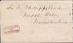 128299 1853-1854 MAIL TO MIDDLE HILL, WORCESTERSHIRE WITH 'MISSENT/TO/WORCESTER' HAND STAMP TYPE P IN RED (WO929).