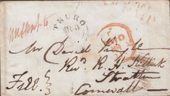 128812 1846 MAIL LONDON TO STRATHERN, CORNWALL WITH MANUSCRIPT 'MISSENT TO' AND 'TRURO' DATE STAMP.