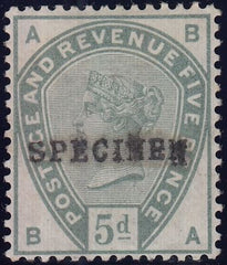 129018 1883 UNISSUED 5D GREEN WITH 'LINE UNDER d' OVERPRINTED 'SPECIMEN' TYPE 9 (SG193 SPEC K23t).