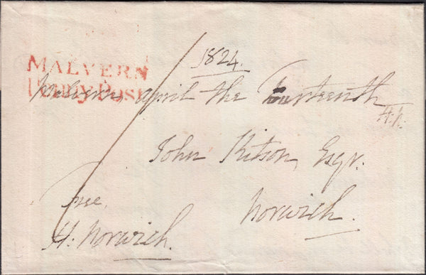 129136 1824 FREE MAIL MALVERN, WORCS TO NORWICH WITH 'MALVERN/PENNY POST' HAND STAMP (WO506).