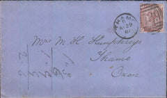 129145 1881 MAIL USED LOCALLY IN THAME, OXON WITH 1D VENETIAN RED (SG166)(FE).