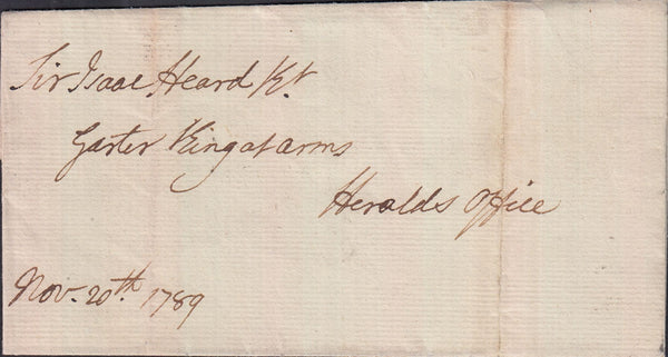 129241 1789 MAIL USED IN LONDON TO 'HERALDS OFFICE' WITH 'PLAYGILL' LONDON RECEIVER'S HAND STAMP (L375).