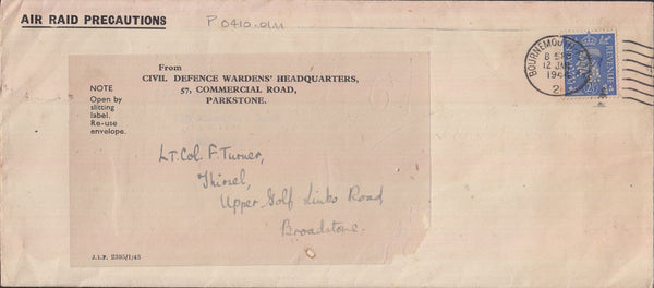 129261 1944 MAIL BOURNEMOUTH TO BROADSTAIRS, KENT WITH 2½D (SG489) WITH 'PB' PERFIN OF THE PETROLEUM BOARD.