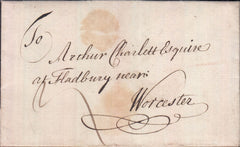 129307 CIRCA 1754-1759 'MB' LONDON GENERAL POST RECEIVER'S HAND STAMP OF MARY BASTARD ON MAIL LONDON TO WORCESTER.