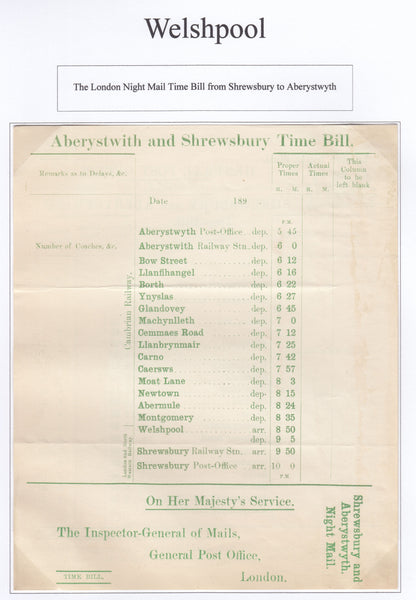 129379 1896 G.P.O. 'TIME BILL' FOR THE NIGHT MAIL TRAIN SHREWSBURY TO ABERYSTWITH AND ABERYSTWITH BACK TO SHREWSBURY.