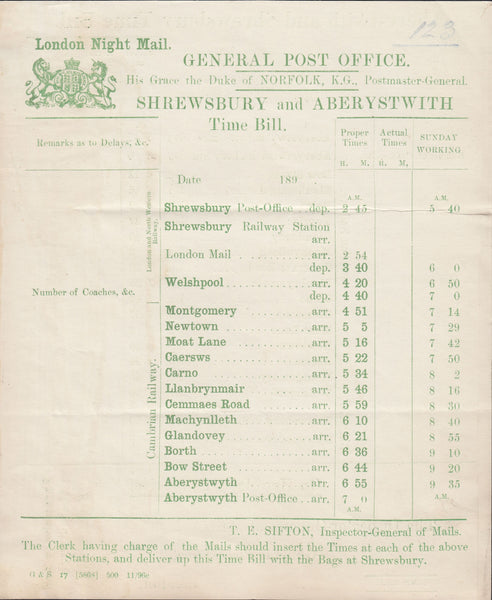 129379 1896 G.P.O. 'TIME BILL' FOR THE NIGHT MAIL TRAIN SHREWSBURY TO ABERYSTWITH AND ABERYSTWITH BACK TO SHREWSBURY.
