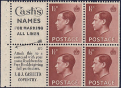 129425 1936 KING EDWARD VIII 1½D RED-BROWN BOOKLET PANE WITH 'CASH'S NAMES FOR MARKING ALL LINEN/FREE BOOKLET. J. AND J. CASH' (SG459aw/SPEC PB5a(2).