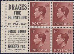 129427 1936 KING EDWARD VIII 1½D RED-BROWN BOOKLET PANE WITH 'DRAGES 50 PAY-WAY/FREE BOOK. DRAGES' (SG459aw/SPEC PB5a(7).
