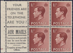 129429 1936 KING EDWARD VIII 1½D RED-BROWN BOOKLET PANE WITH 'YOUR FRIENDS ARE ON THE TELEPHONE/AIR MAILS, LETTERS AND PARCELS' (SG459a/SPEC PB5(16).