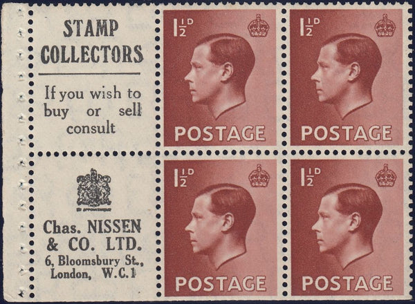 129430 1936 KING EDWARD VIII 1½D RED-BROWN BOOKLET PANE WITH 'STAMP COLLECTORS/CHAS. NISSEN' (SG459a/SPEC PB5(13).