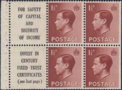 129432 1936 KING EDWARD VIII 1½D RED-BROWN BOOKLET PANE WITH 'FOR SAFETY OF CAPITAL/CENTURY FIXED TRUST (SEE LAST PAGE)' ADVERT (SG459a/SPEC PB5(9).