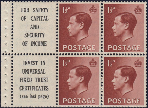 129433 1936 KING EDWARD VIII 1½D RED-BROWN BOOKLET PANE WITH 'FOR SAFETY OF CAPITAL/UNIVERSAL FIXED TRUST (SEE LAST PAGE)' ADVERT (SG459a/SPEC PB5(10).