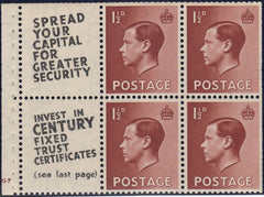 129436 1936 KING EDWARD VIII 1½D RED-BROWN BOOKLET PANE WITH 'SPREAD YOUR CAPITAL/CENTURY FIXED TRUST' ADVERT (SG459a/SPEC PB5(11).