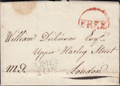 129449 1784 FREE MAIL KINGSWESTON, SOMERSET TO HARLEY STREET LONDON WITH 'SOMER/TON' TWO LINE HAND STAMP (SO693).