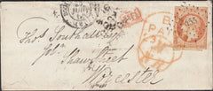129561 1856 MAIL FRANCE TO WORCESTER WITH 'M/NR' HAND STAMP GRAND NORTHERN RAILWAY.