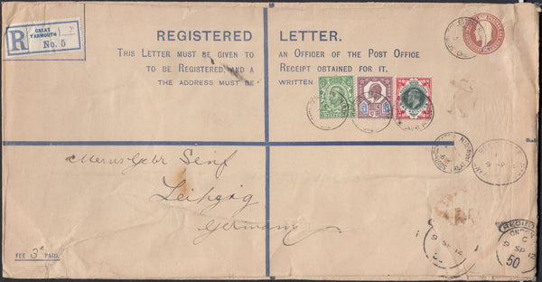 129688 1912 LARGE KEDVII REGISTERED ENVELOPE GREAT YARMOUTH TO LEIPZIG WITH MIXED REIGNS FRANKING.