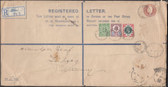 129688 1912 LARGE KEDVII REGISTERED ENVELOPE GREAT YARMOUTH TO LEIPZIG WITH MIXED REIGNS FRANKING.