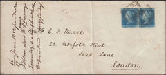 129707 1852 MAIL EDINBURGH TO LONDON WITH PAIR 2D BLUE PL.4 (SG14)(FJ FK).