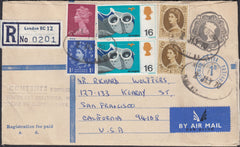 129759 1970 REGISTERED AIR MAIL LONDON TO CALIFORNIA WITH FINE MIXED QEII FRANKING.