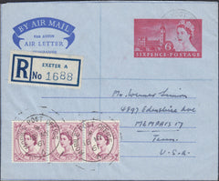 129772 1961 6D AIR LETTER REGISTERED MAIL EXETER TO USA WITH 'MOBILE POST OFFICE' CANCELLATION OF DEVON COUNTY SHOW.