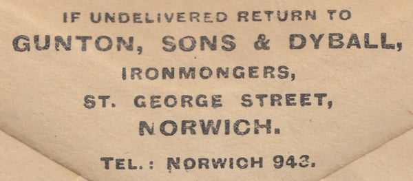 129854 1927 MAIL NORWICH TO SOUTHEND ON SEA WITH ½D WITH 'G.C' PERFIN OF GUNTON SONS AND DYBALL.