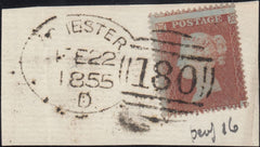 129888 1855 PIECE WITH DIE 1 1D (SG17) CANCELLED 'CHESTER/180' SPOON TYPE A (RA30) FE 22 1855, EARLIEST KNOWN USAGE.
